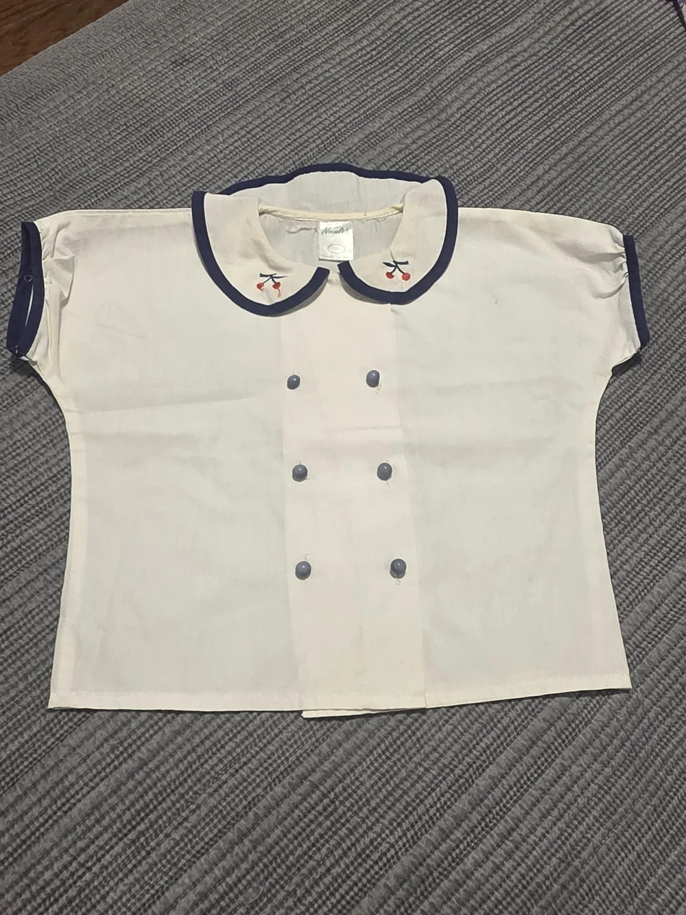 Cream Short-Sleeve Kids Top with Navy Trim and Cherry Embroidery